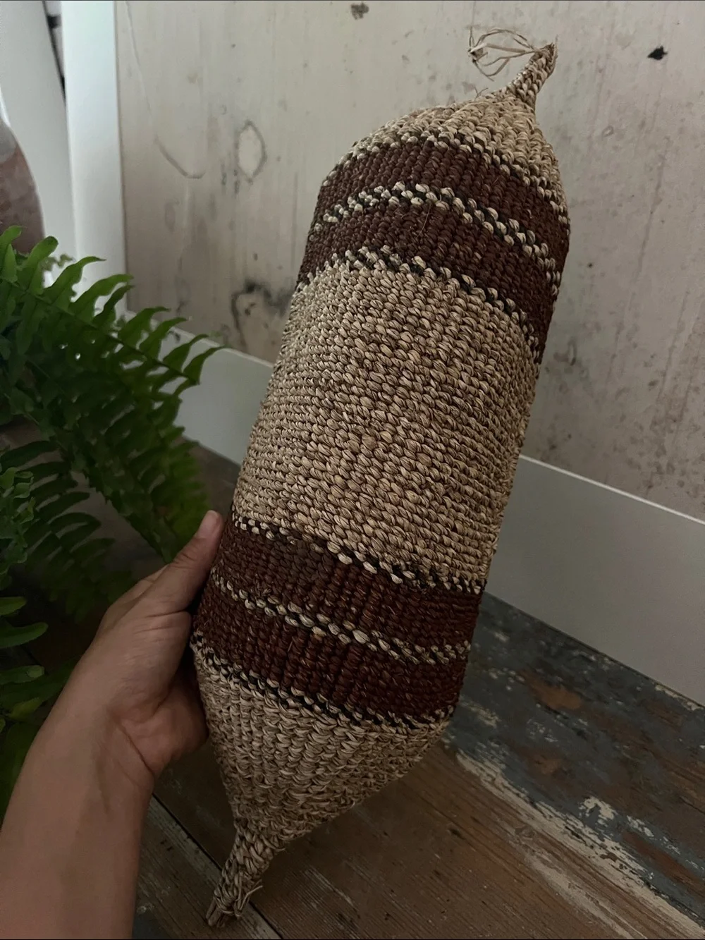 Vintage Ethiopian African Hand-Woven Striped Gambela Canoe Bread Basket